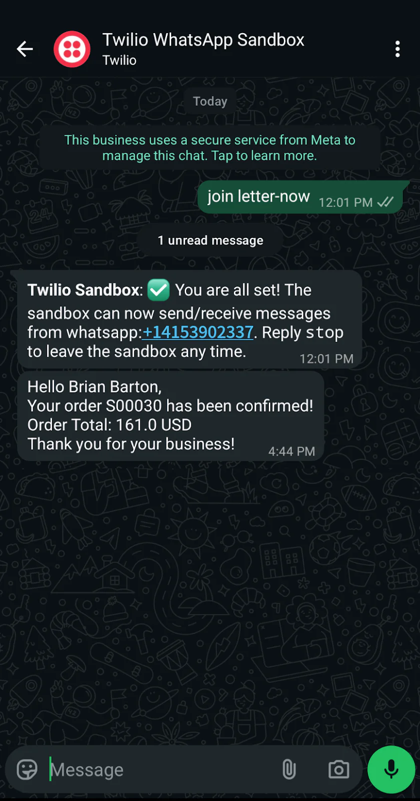 Screenshot of WhatsApp messages from Twilio Sandbox confirming order 60030 for Brian Barton.