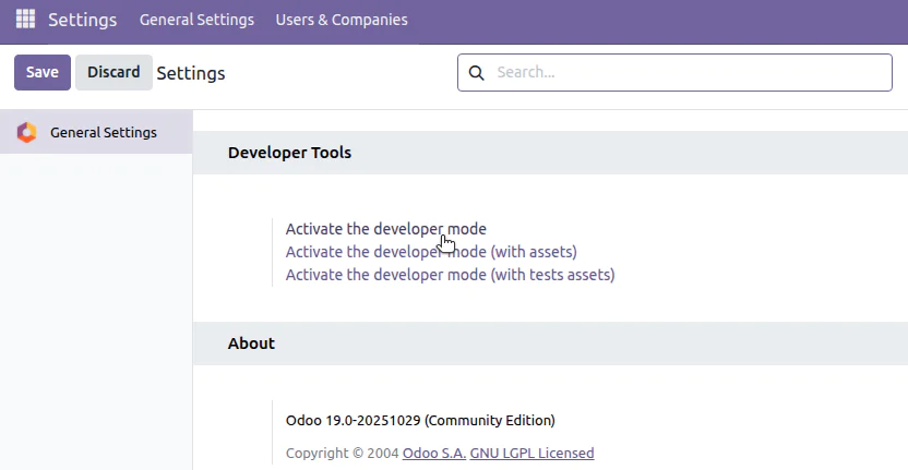 Screenshot of Odoo settings page showing Developer Tools options for activating developer mode.