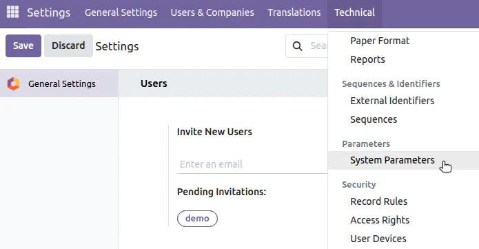 Settings menu showing Technical settings with System Parameters selected