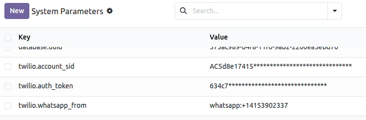 Screenshot of a table displaying Twilio system parameters and their values with partially masked information.