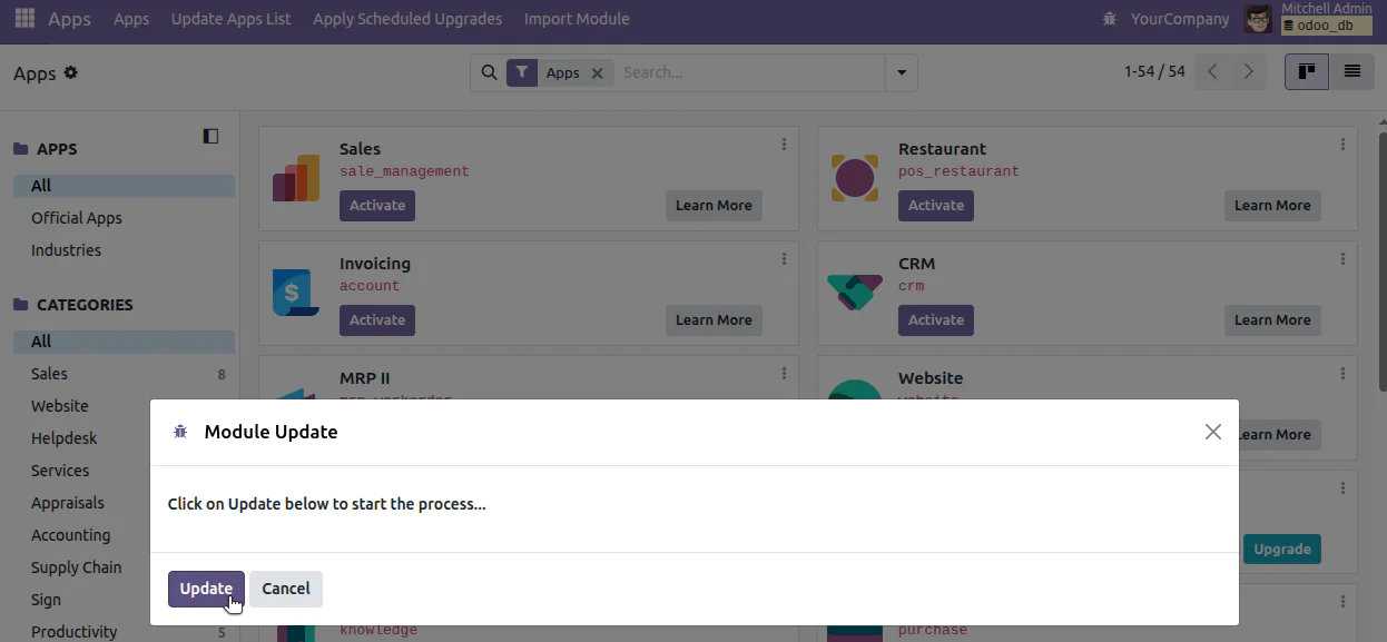 Pop-up window prompting to update a module with an Update button in a software dashboard.