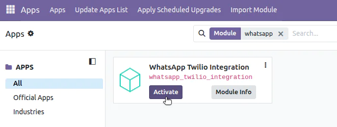Screenshot of WhatsApp Twilio Integration module with activate button in a dashboard interface.