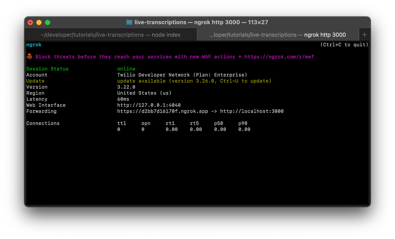 Terminal running ngrok with session status online, displaying details and endpoints for a localhost server. Screenshot of terminal showing ngrok tunnel info. Account info, latency, version, forwarding url and more info are shown.