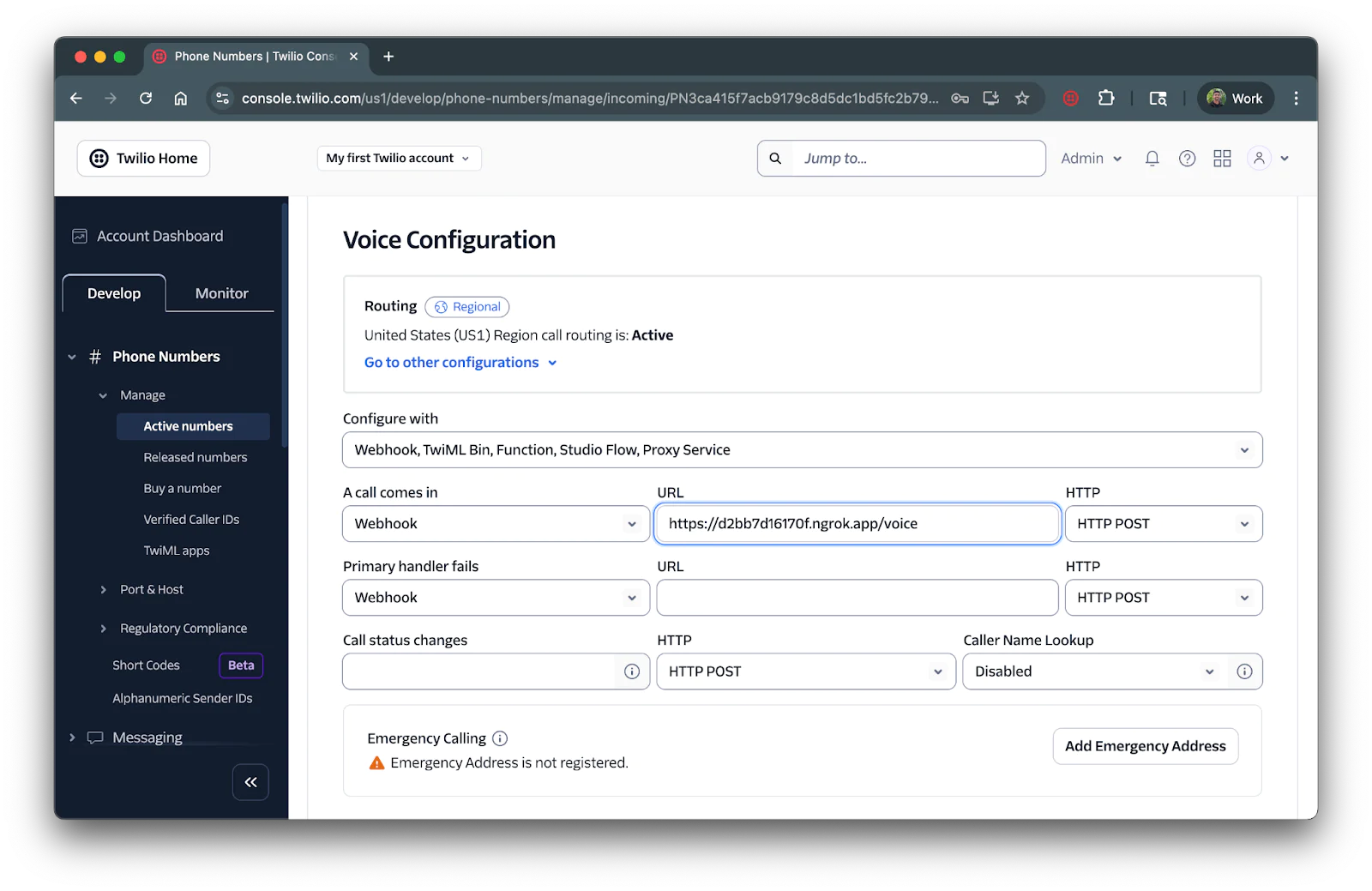Screenshot of Twilio's console showing the voice configuration settings for a phone number. Voice configuration section of a twilio number on the twilio console