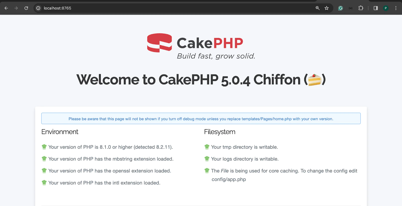 CakePHP default welcome page