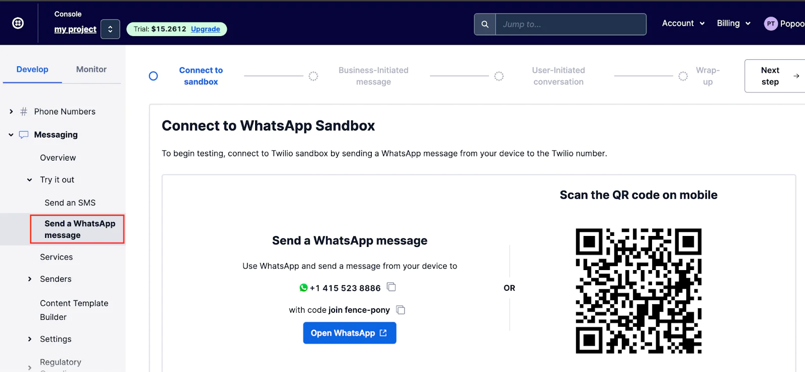 Twilio WhatsApp dashboard