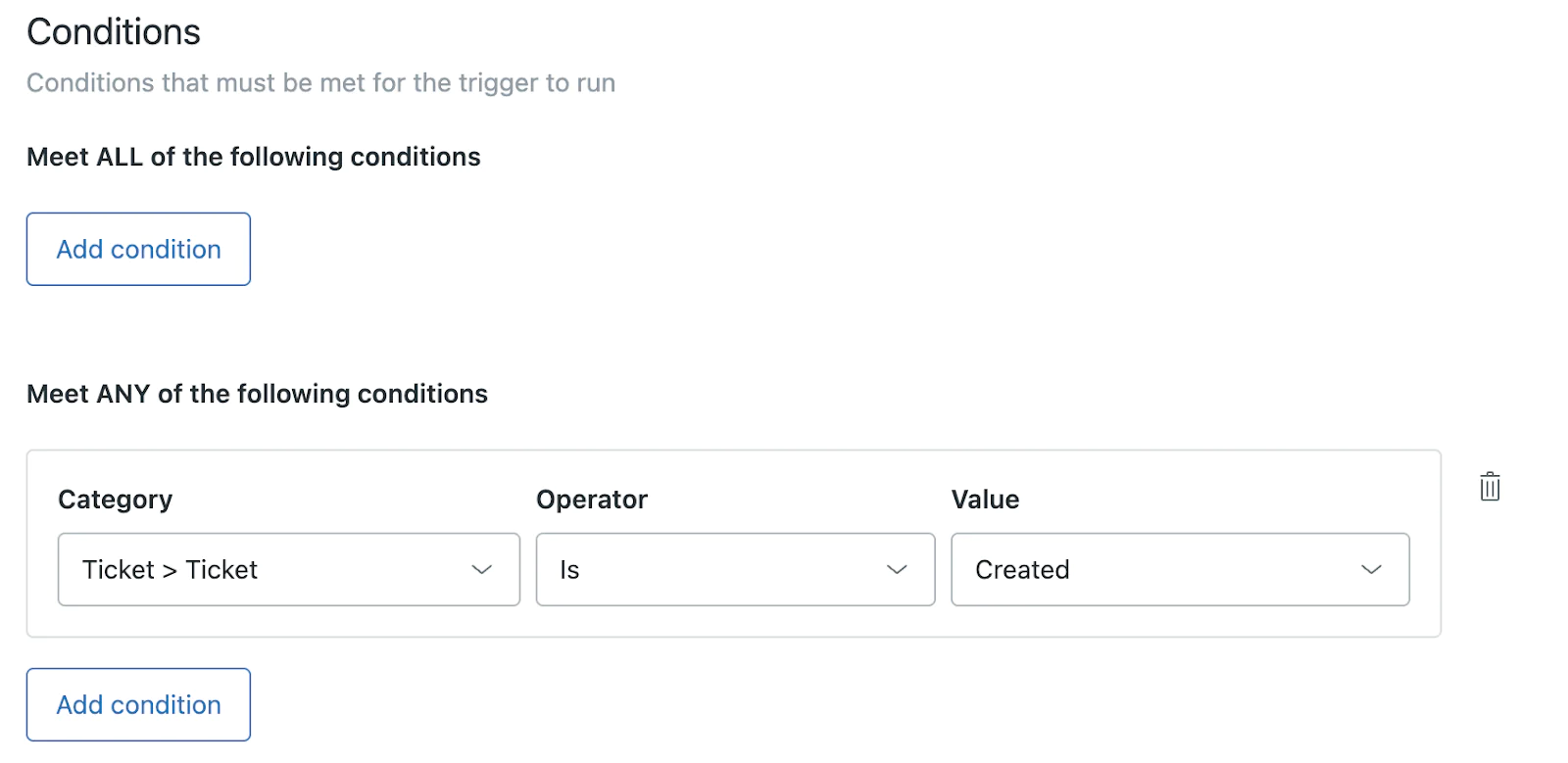 Screenshot from ZenDesk showing the ticket condition creation