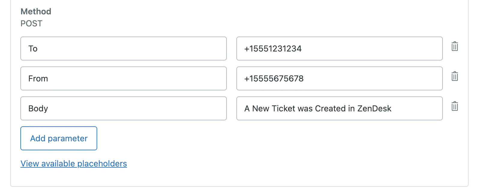 showing how to enter the parameters in ZenDesk as an example