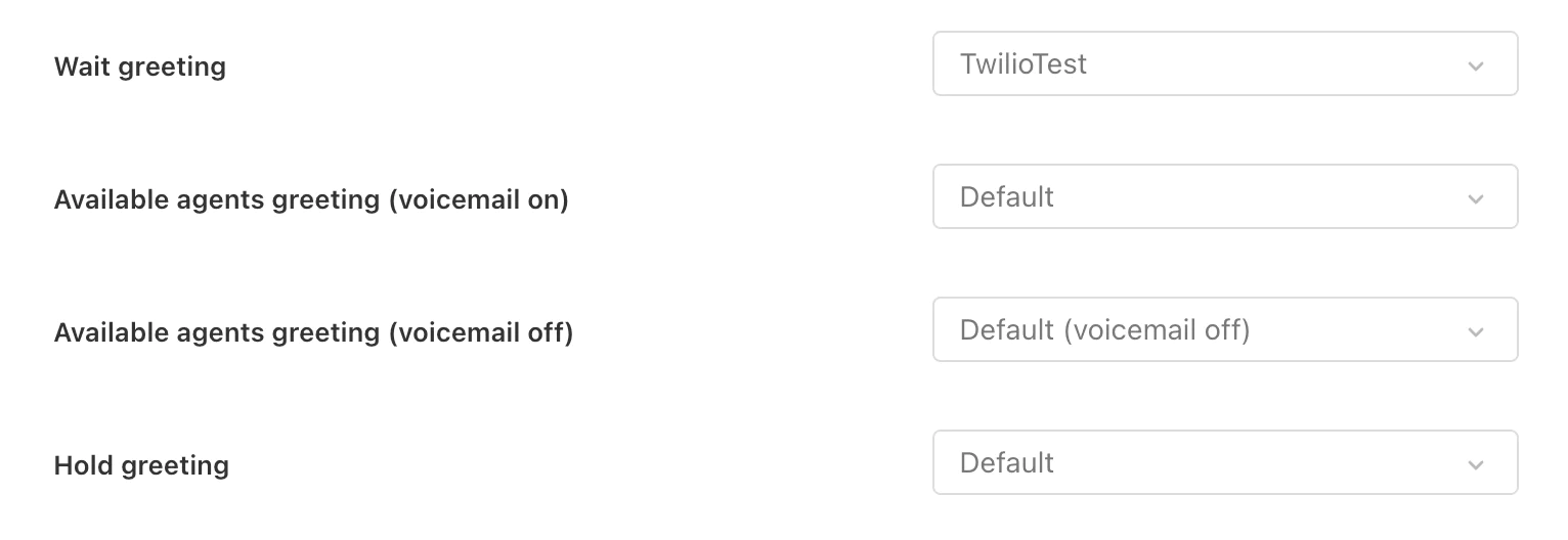 partial ZenDesk menu showing Wait greeting, available agents greetings, and hold greeting