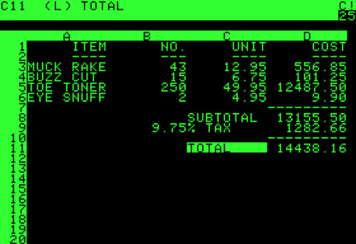 A screenshot of VisiCalc, showing four rows of records with four columns for each record: Item, No., Unit, and Cost. Underneath the four records are columns for the subtotal, tax (at a rate of 9.75%) and grand total.