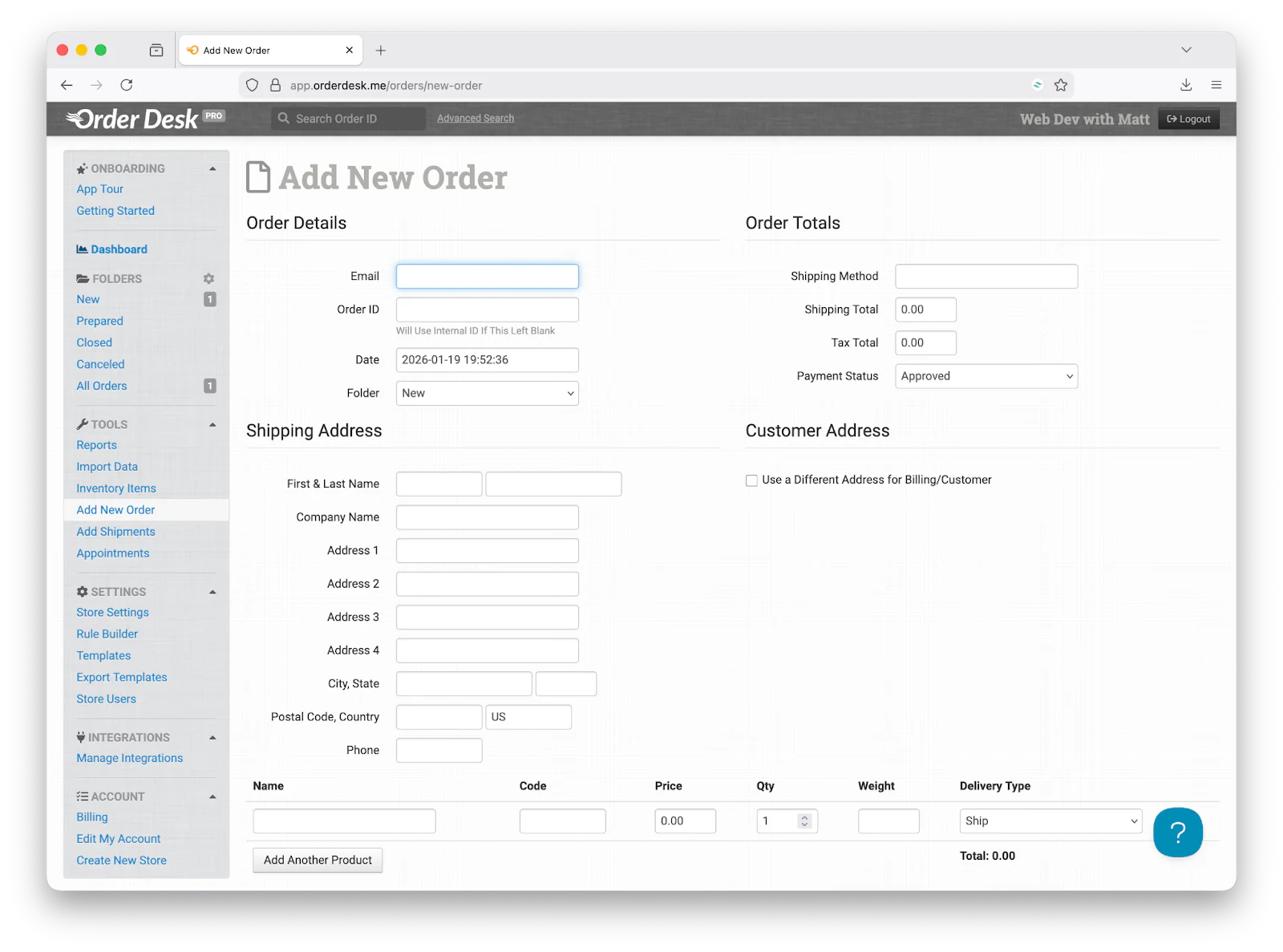 The Add New Order form in the Order Desk dashboard.