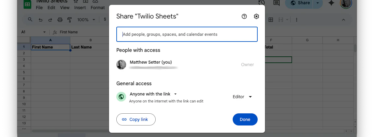 The Google Sheets Share dialog showing "General access" has been set to "Anyone with the link" and the role has been set to "Editor".