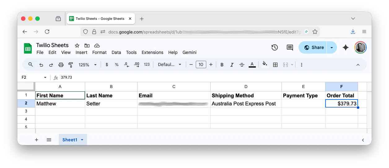 The earlier Google Sheet with a row of data.