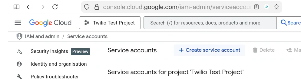 A screenshot of the Google Cloud Console in the "IAM and admin / Service accounts" section, emphasising the "Create service account" button.