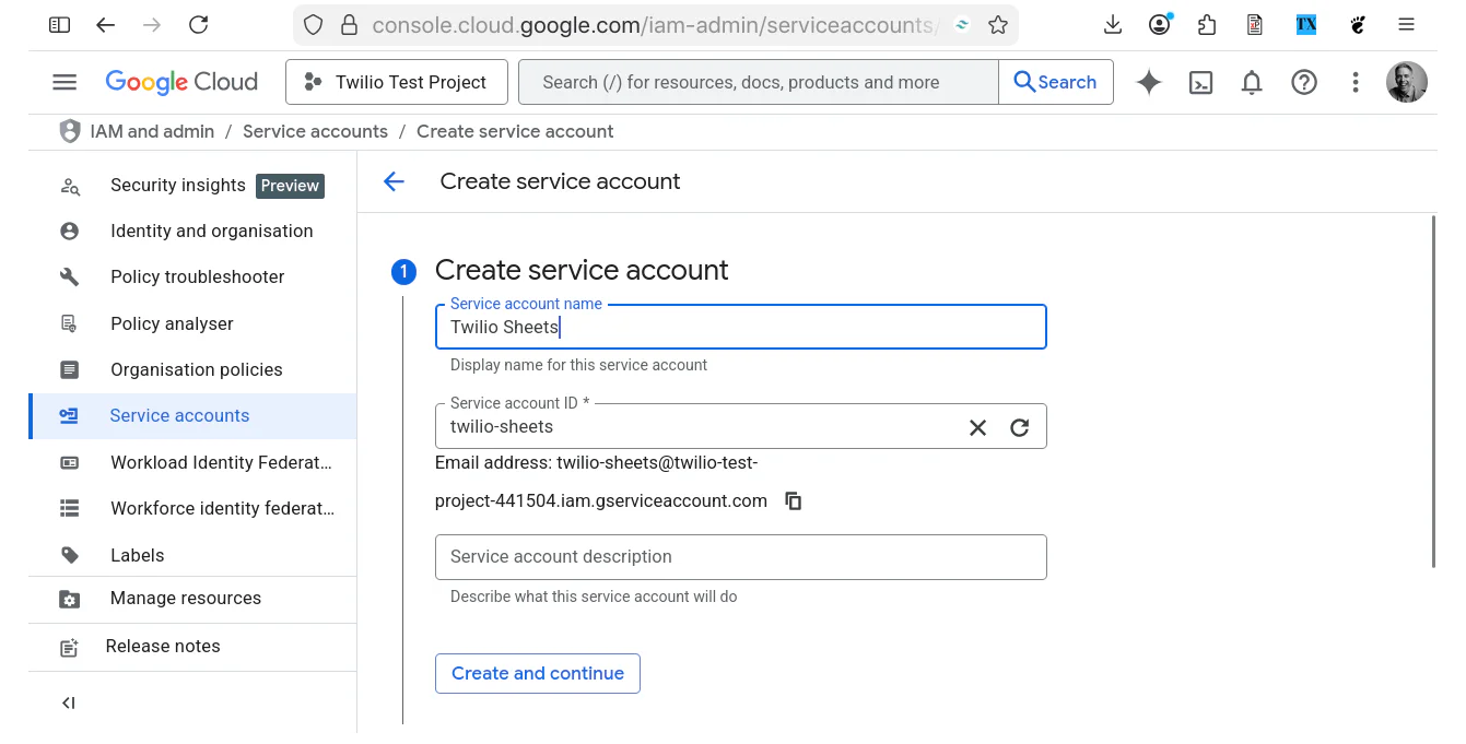 A screenshot of the Google Cloud Console in the "IAM and admin / Service accounts" section, showing the "Create service account" form with the Service account name and Service account ID fields filled out.