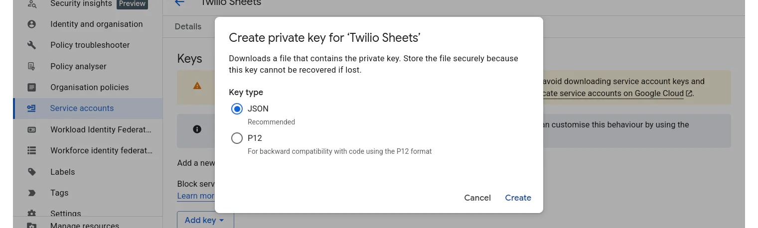 A screenshot of the Google Cloud Console in the "IAM and admin / Service accounts" section, where the Create private key dialog is visible, with the Key type set to JSON.