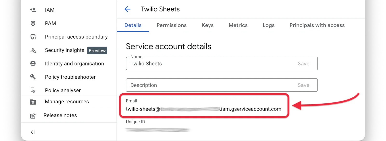A screenshot of the Google Cloud Console in the "IAM and admin / Service accounts" section, viewing the details of a service account. The Email field is highlighted, but redacted.