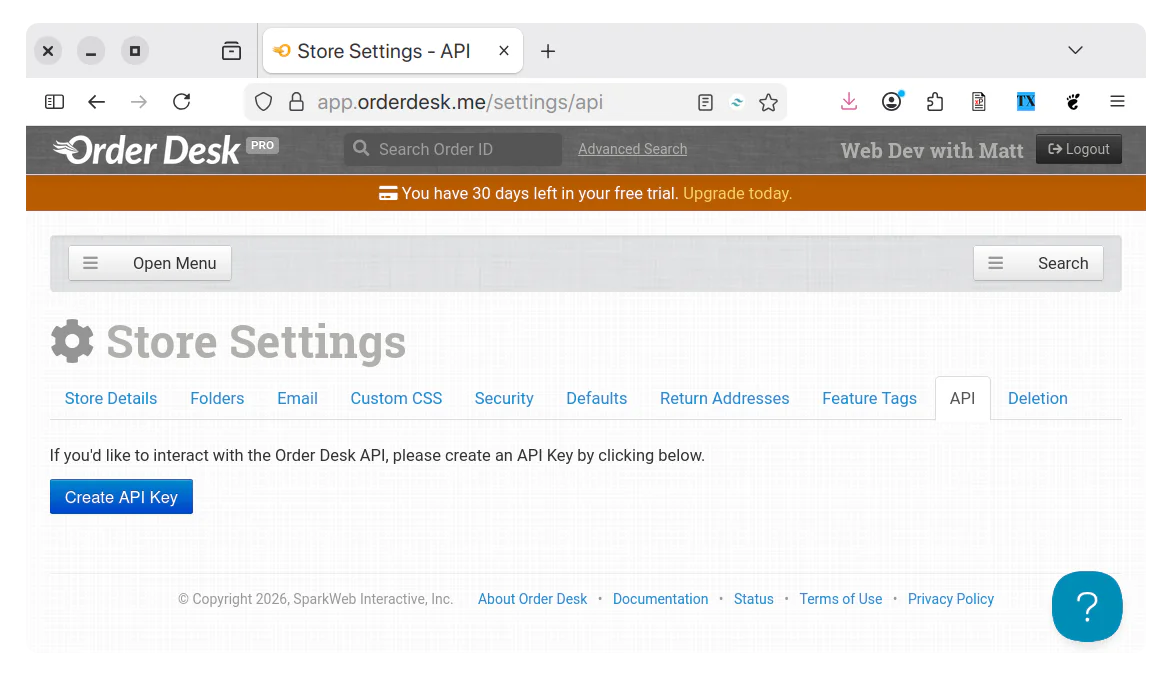 The API tab of the Store Settings section of the Order Desk dashboard, where no keys have been created.