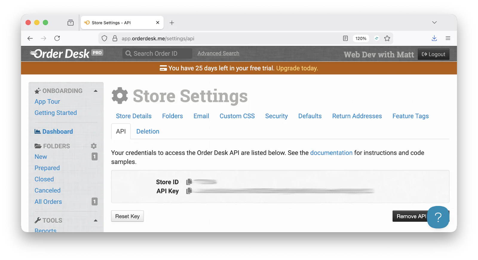 The API tab of the Store Settings section of the Order Desk dashboard, where an API key has been created. The Store ID and API Key values have been redacted.