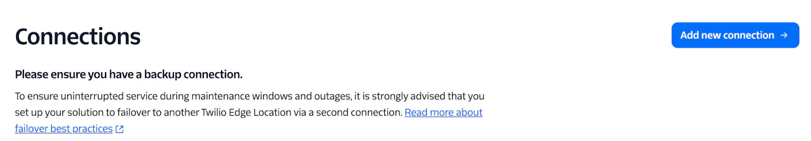 Instructions on ensuring backup connections with a button to add a new connection on the right.