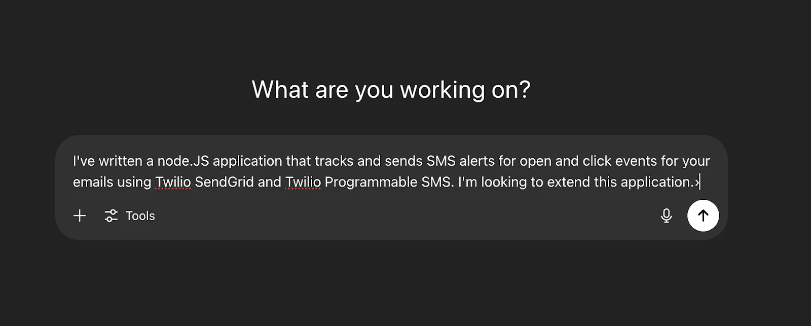Screenshot of a developer's note describing a Node.js app that uses Twilio SendGrid and Programmable SMS.