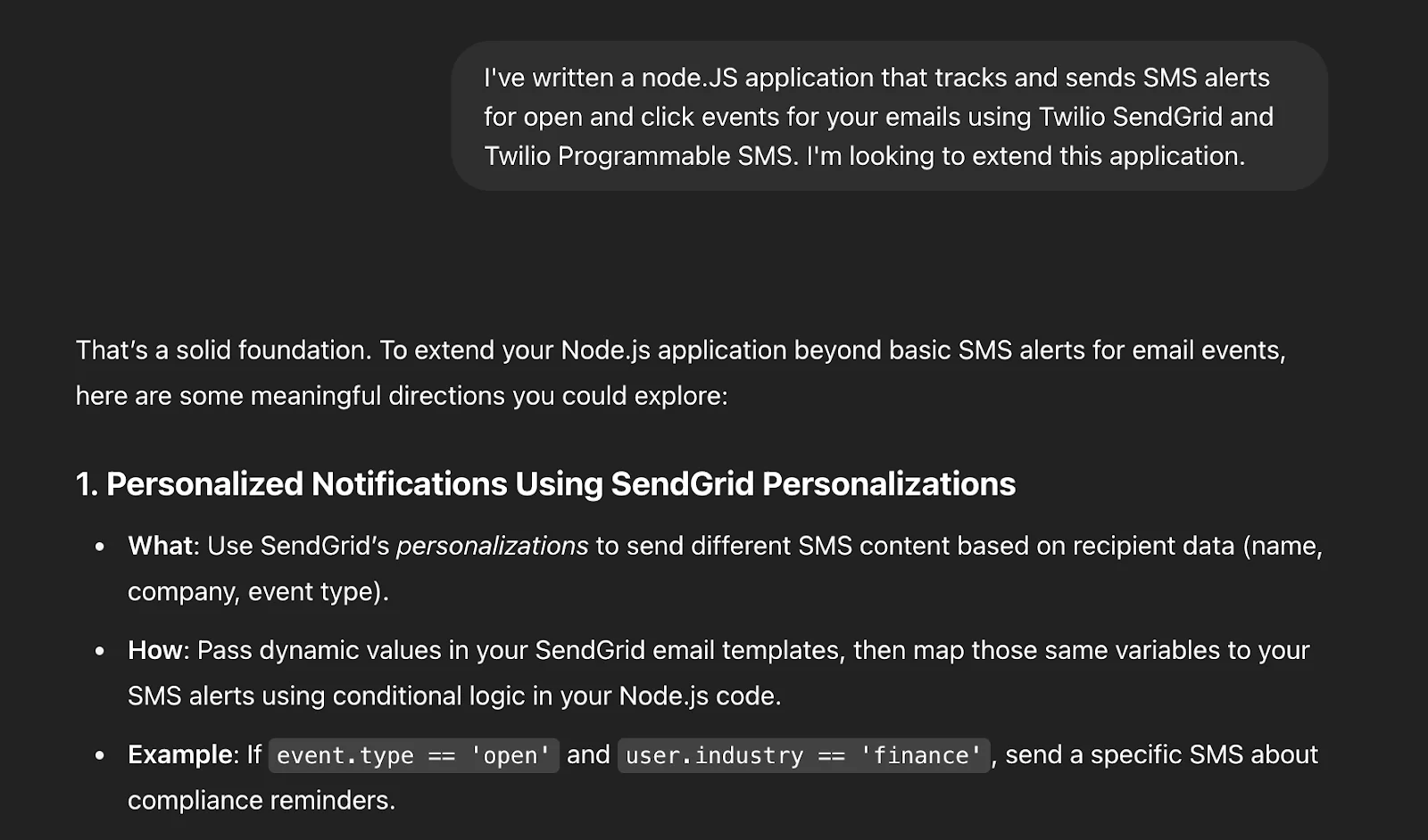 Screenshot describing how to enhance a Node.JS application with SendGrid personalizations for SMS alerts.