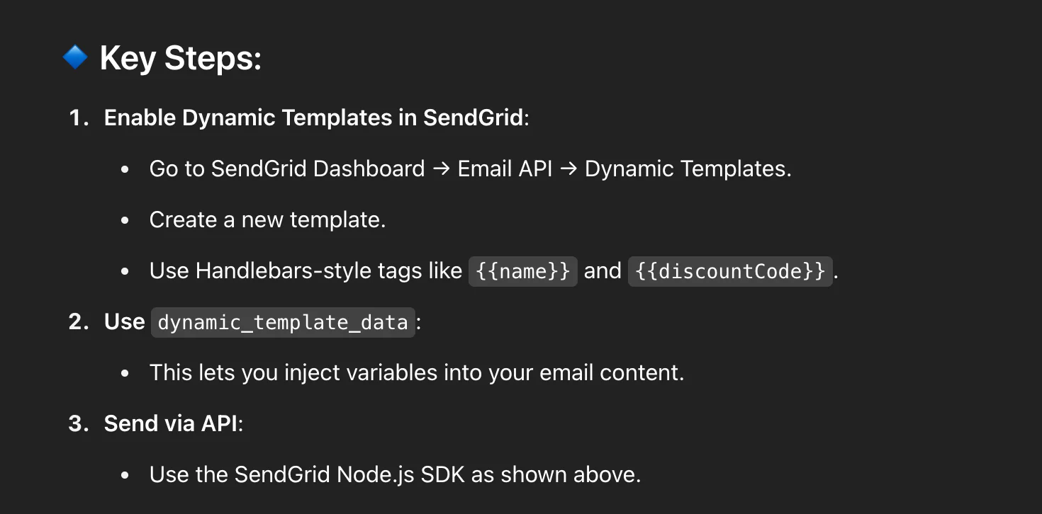 Instructions on using dynamic templates in SendGrid with text about creating, using, and sending templates via API.