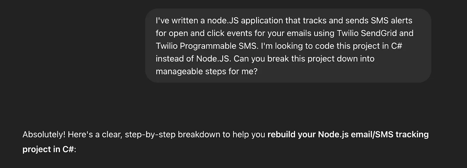 Screenshot of a conversation about converting a Node.js SMS alert project to C# using Twilio and SendGrid.