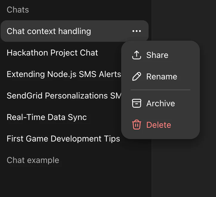 Options menu showing share, rename, archive, and delete for a chat in a messaging interface.