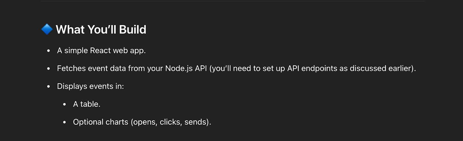 List of steps for building a React web app, including fetching API data and displaying events in tables and charts.