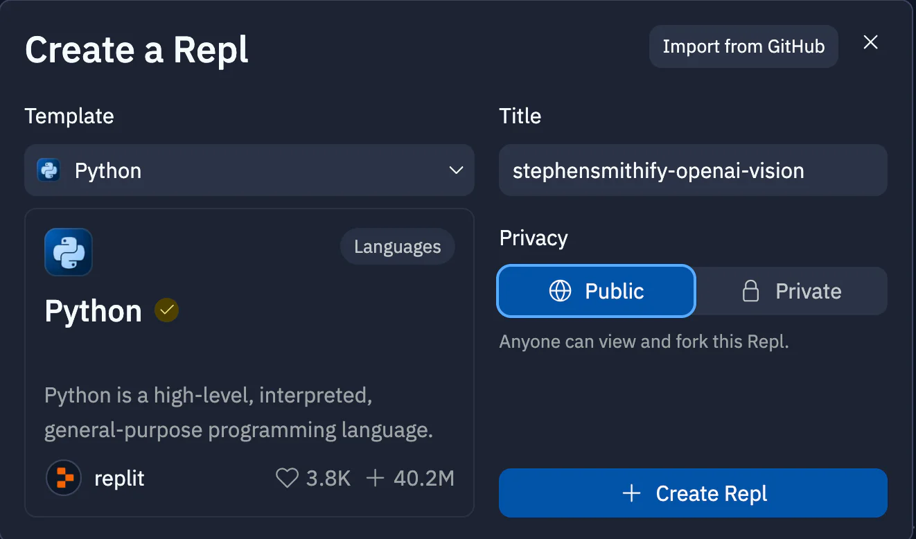 Selecting a Replit Python template and creating a Repl