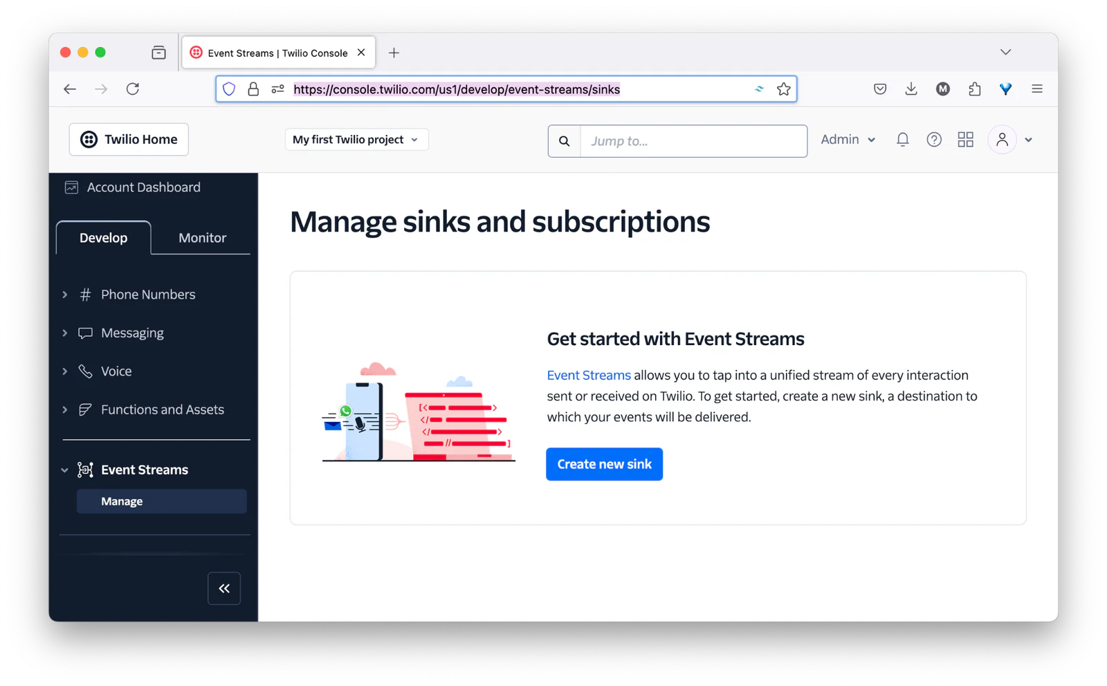 Twilio console page for managing sinks and subscriptions, with an option to create a new sink.
