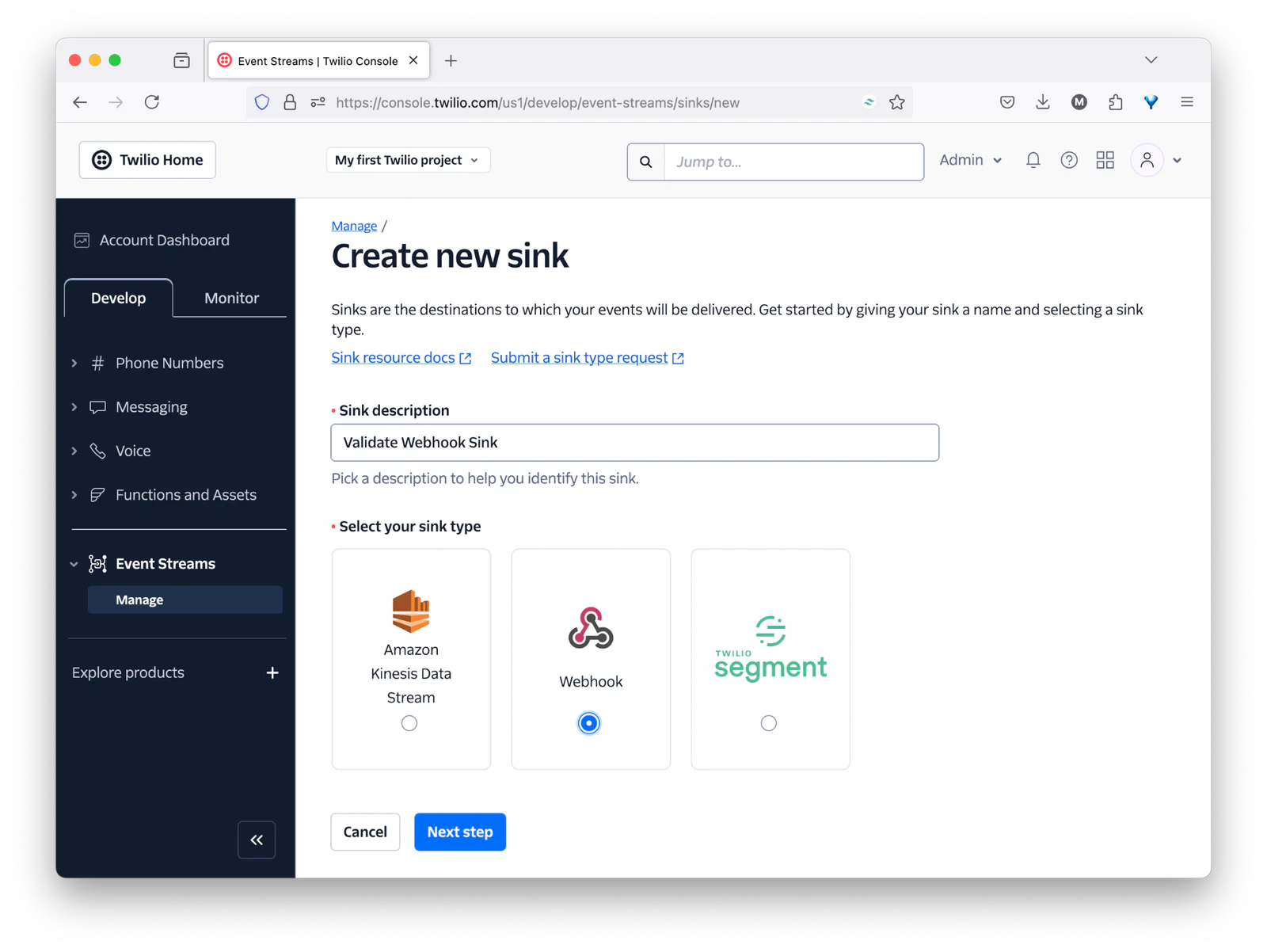 Twilio Console interface for creating a new event sink with Amazon Kinesis Data Stream, Webhook, and Segment options.