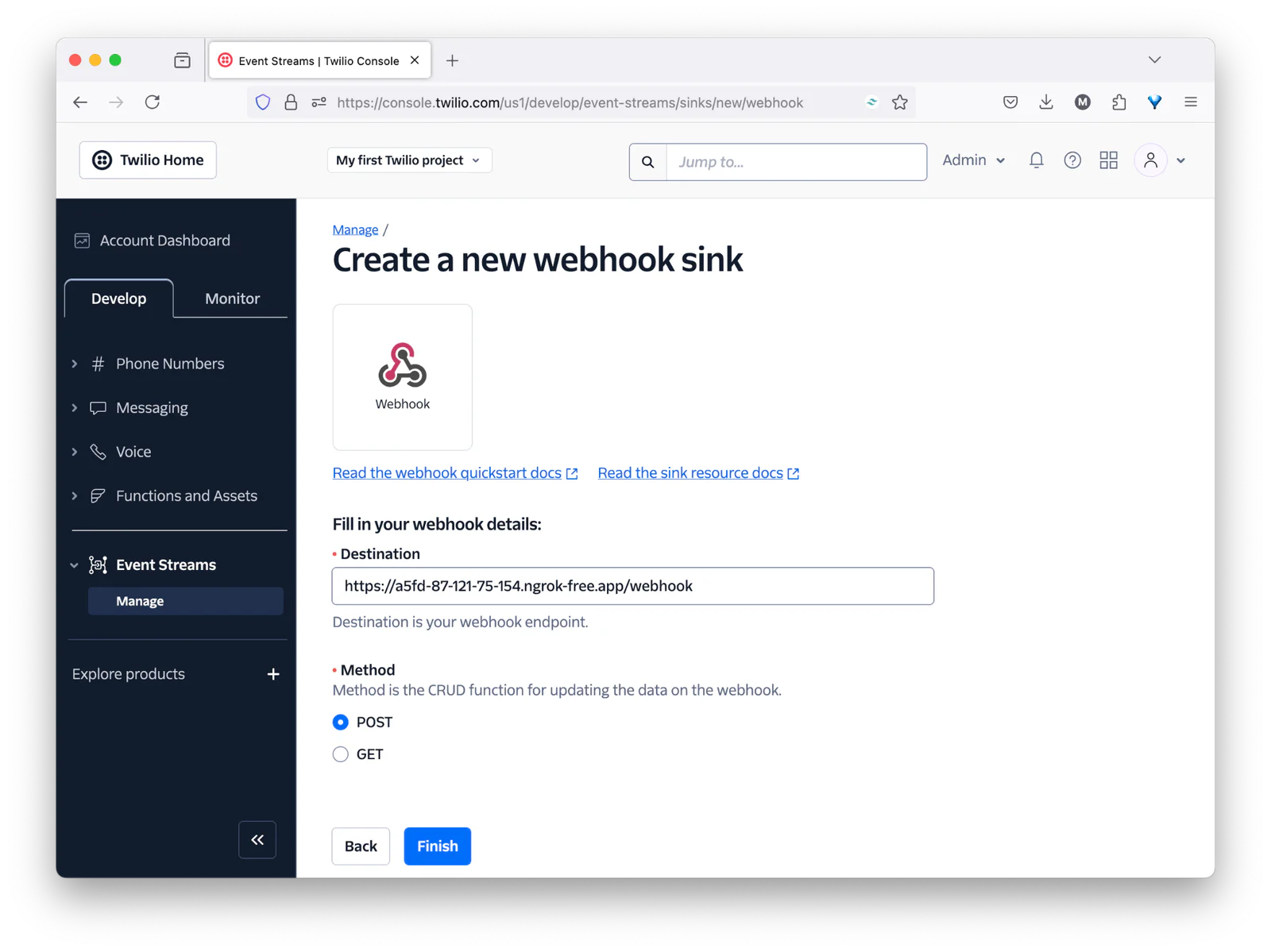 Twilio Console interface for creating a new webhook sink with form fields and options.