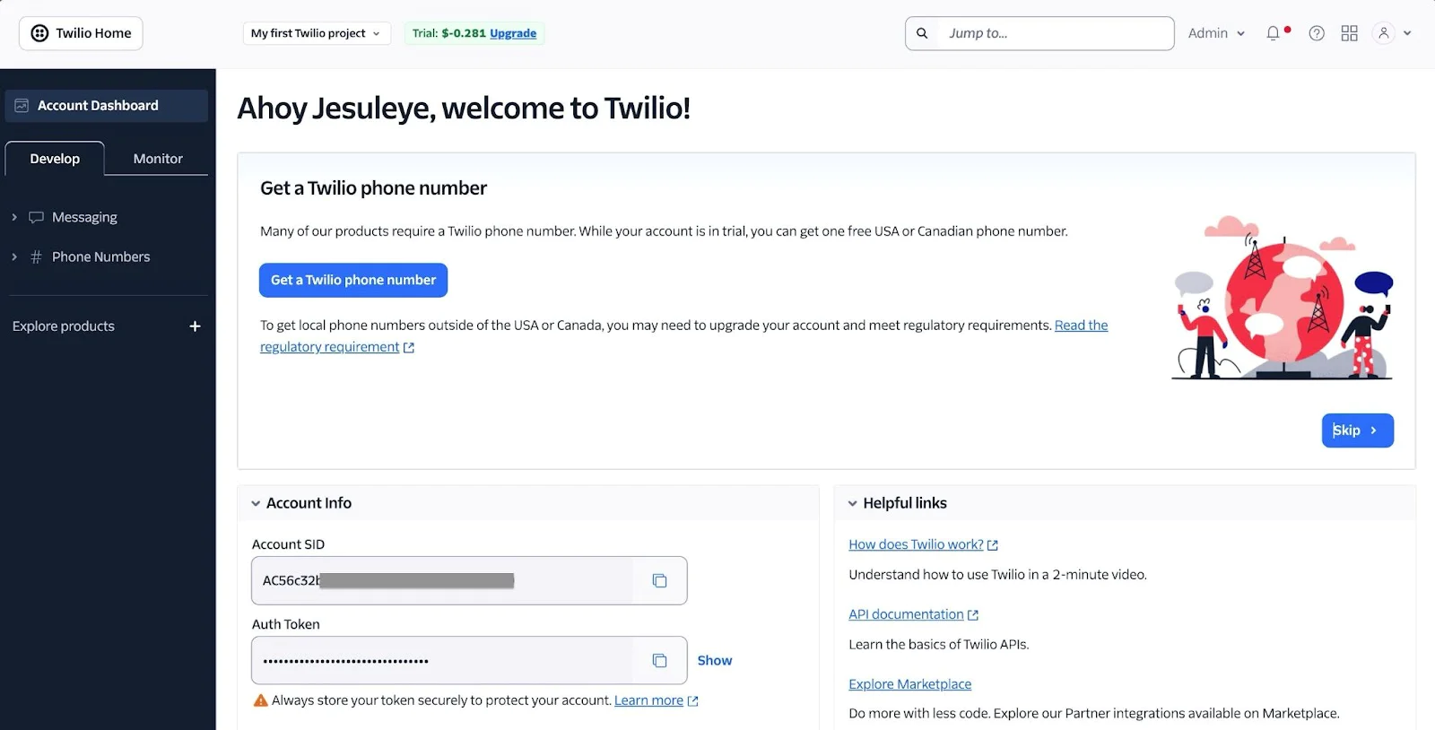 Twilio account dashboard with a welcome message for new user Jesulaye and an option to get a phone number.