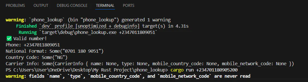 Terminal output showing the result of a Rust program that validates and provides details about a phone number.