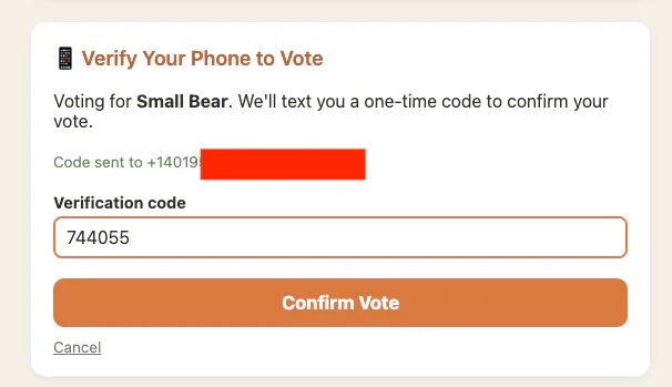 Phone verification text entry for voting, with code sent to masked phone number and field to enter code.