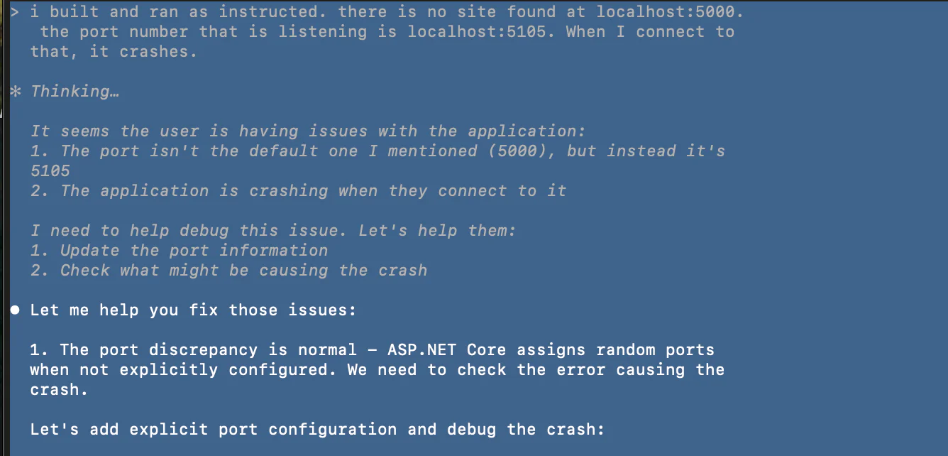 Screen showing debugging suggestions for a crashing ASP.NET Core application using port 5105 instead of 5000.