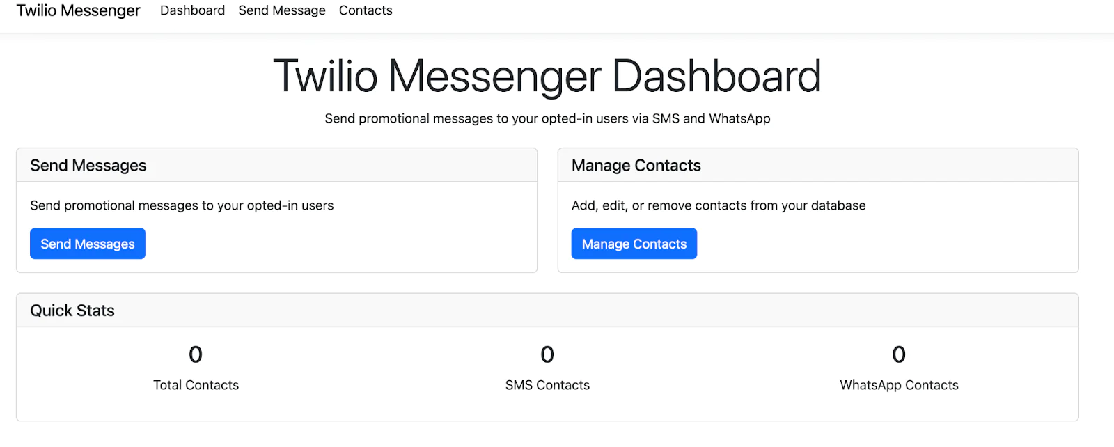 Screenshot of a barebones Twilio messenger Dashboard that allows SMS and WhatsApp connections