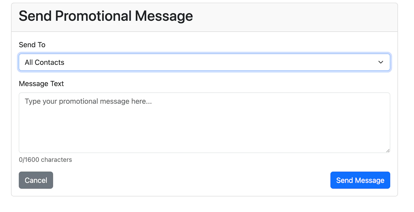 screenshot showing the send promotional message screen in the dashboard.