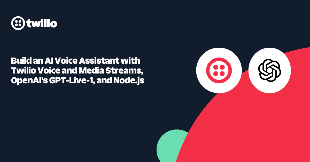 Twilio and OpenAI logos with text about building an AI voice assistant using their services and Node.js