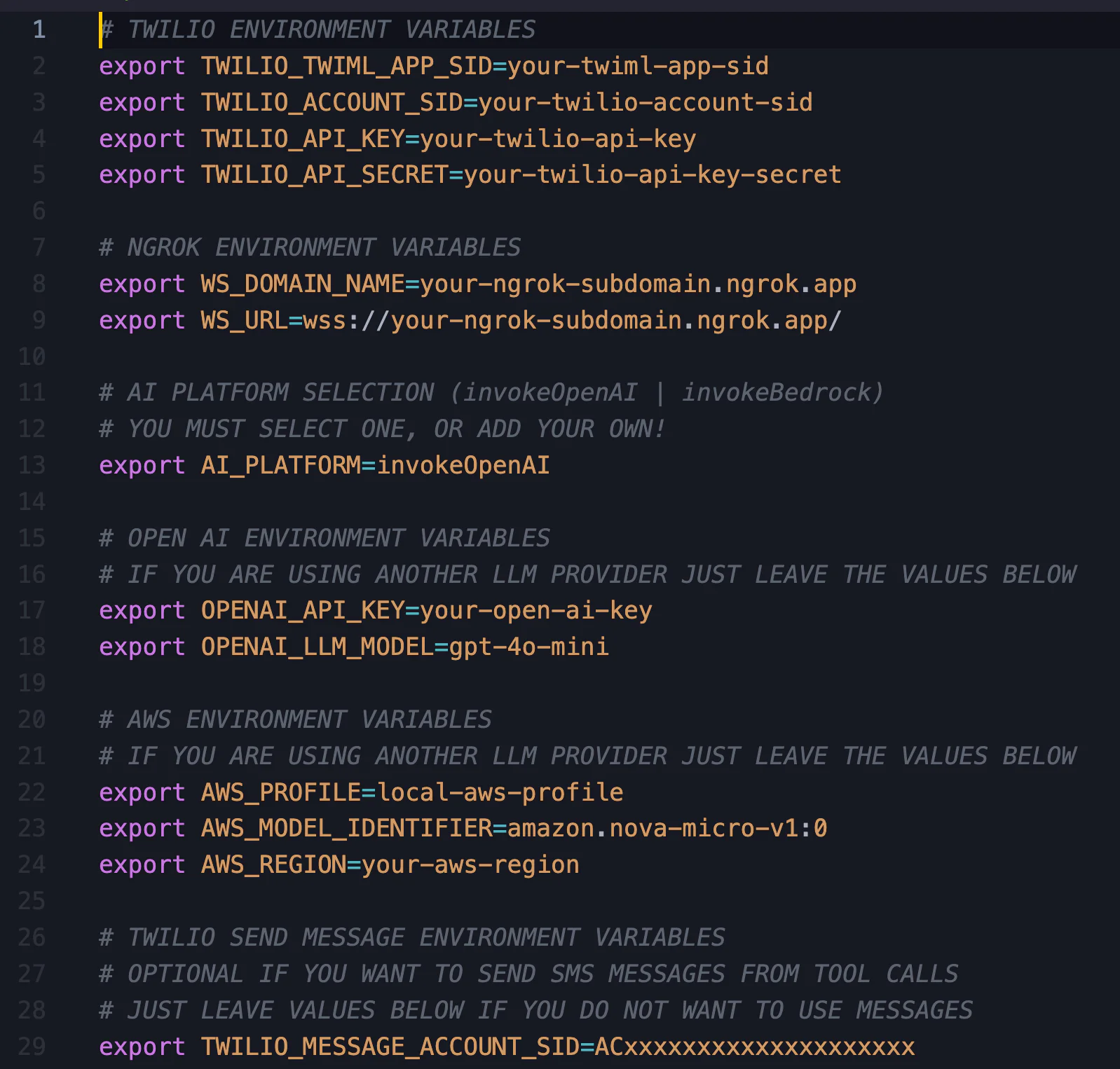 Code snippet showing export commands for configuring Twilio, NGROK, OpenAI, and AWS environment variables. Code snippet showing export commands for configuring Twilio, NGROK, OpenAI, and AWS environment variables.