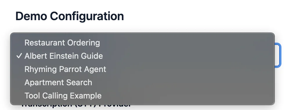 Screenshot of a dropdown menu with options for different demo configurations like Albert Einstein Guide. Screenshot of a dropdown menu with options for different demo configurations like Albert Einstein Guide.