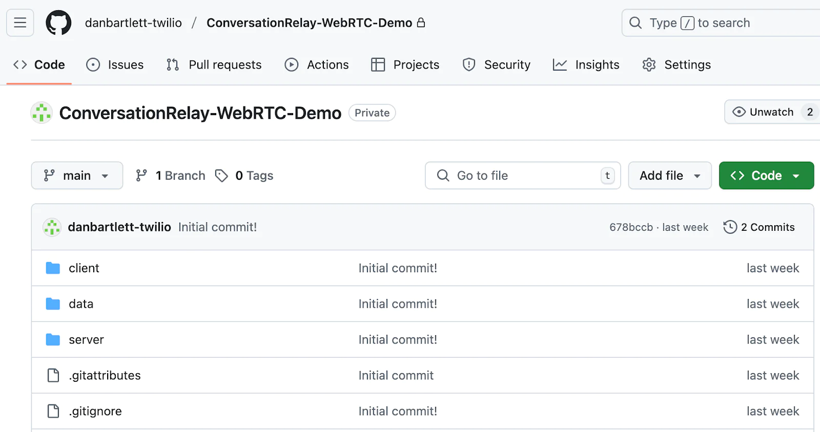 GitHub repository page showing the main branch with initial commit files for ConversationRelay-WebRTC-Demo GitHub repository page showing the main branch with initial commit files for ConversationRelay-WebRTC-Demo