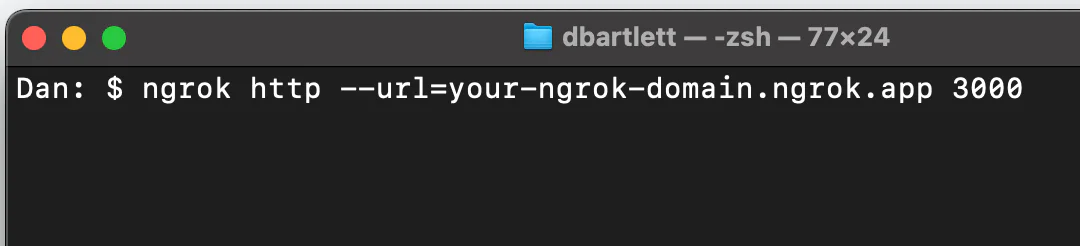 Terminal window showing a command to start Ngrok with a specified URL. Terminal window showing a command to start Ngrok with a specified URL.