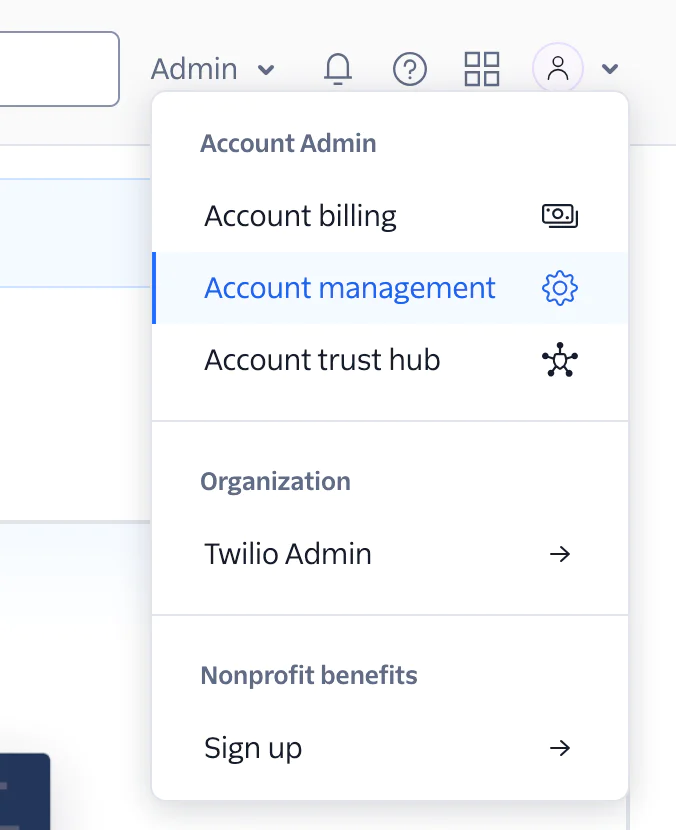 Dropdown Menu for Account and Organization Management Dropdown menu with options for account billing, account management, trust hub, admin, and nonprofit benefits.