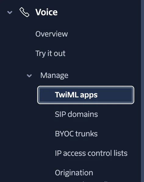 Twilio Voice Management Console Screenshot Screenshot of Twilio Voice console showing options like Overview, Try it out, and Manage with TwiML apps highlighted.