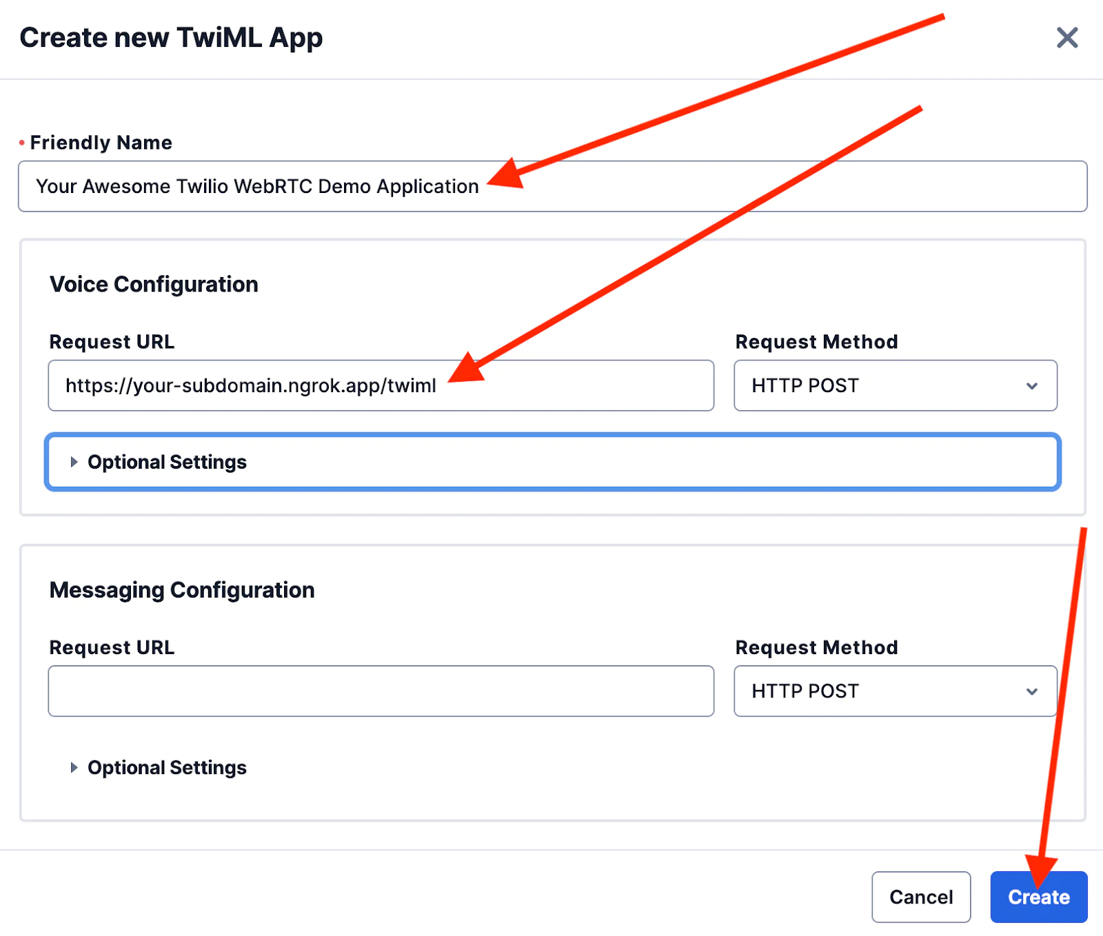Screenshot of the 'Create new TwiML App' page with fields for Friendly Name, Voice URL, and Messaging URL Screenshot of the 'Create new TwiML App' page with fields for Friendly Name, Voice URL, and Messaging URL