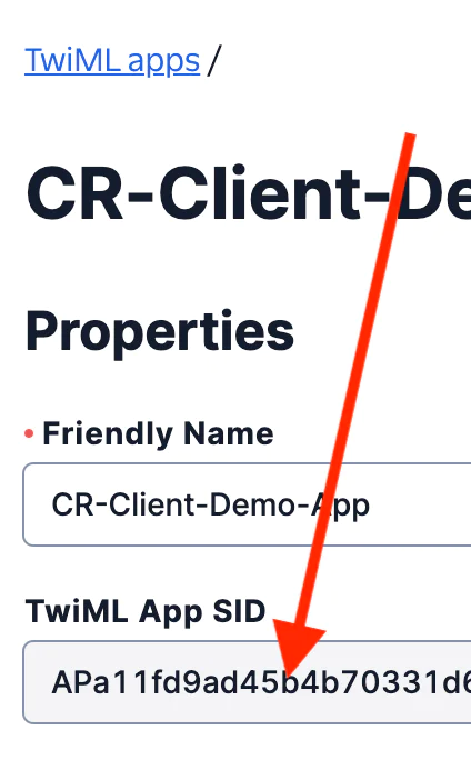 TwiML App SID Display on Twilio Console Twilio console displaying TwiML app SID and friendly name.