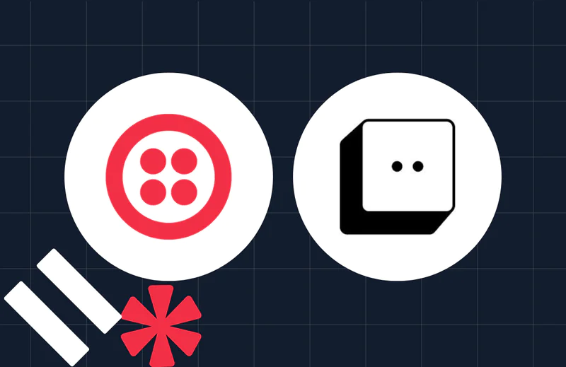 Logos of Twilio and Replit displayed on a dark grid background with white and red symbols.